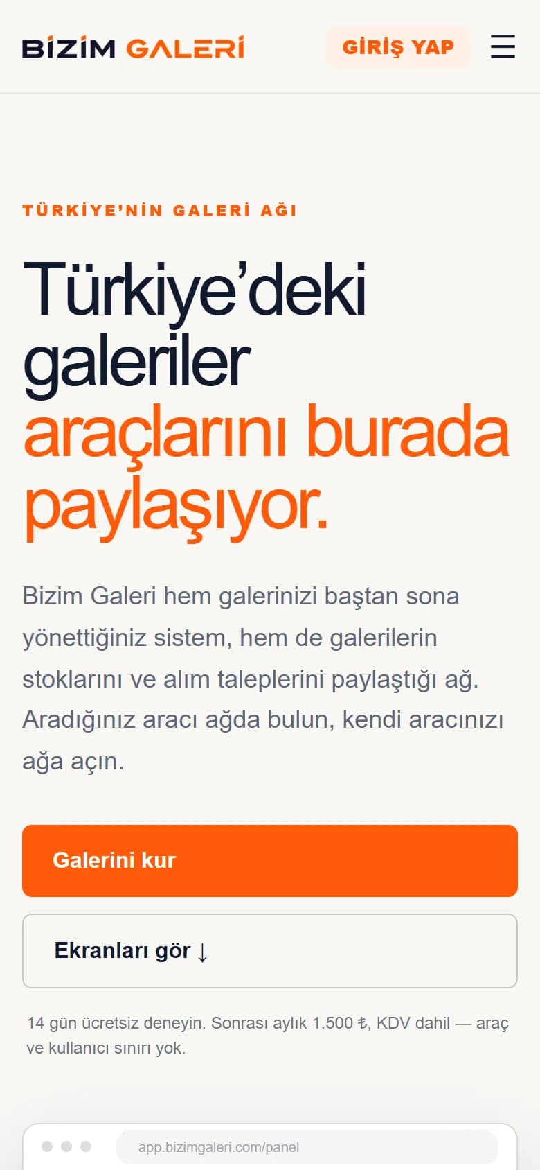 Bizim Galeri – Oto Galeri Yönetim Sistemi ve Galeri Ağı mobil görünüm