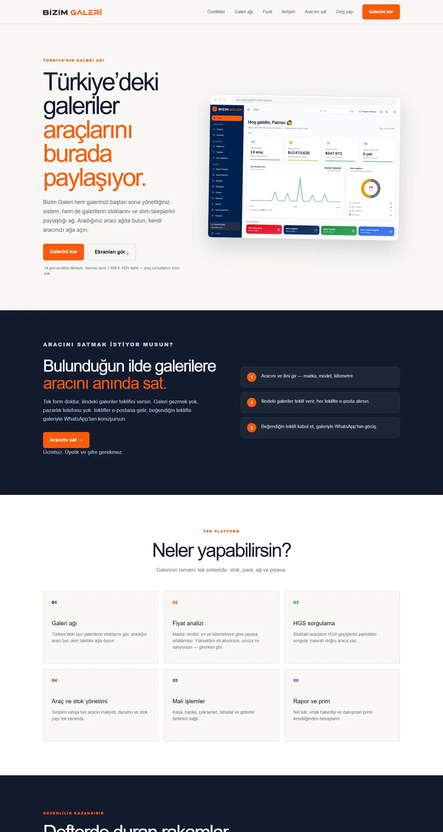 Bizim Galeri – Oto Galeri Yönetim Sistemi ve Galeri Ağı web sitesi ekran görüntüsü 1