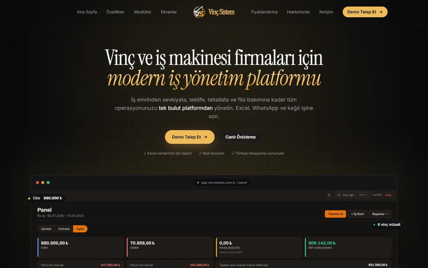 Vinç Sistem tanıtım sitesinin ana sayfası