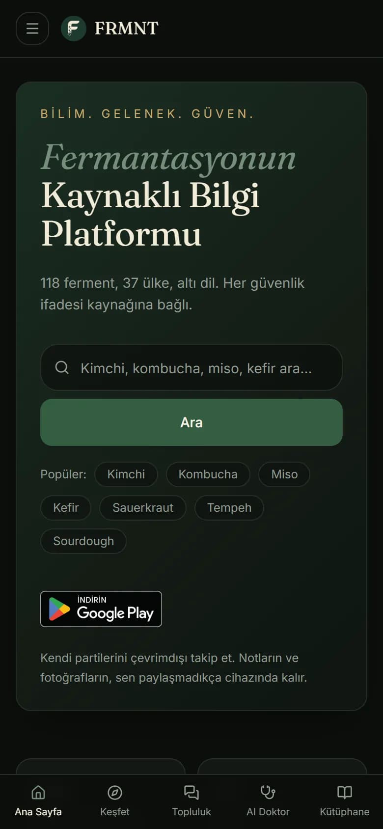 FRMNT – Kaynaklı Fermantasyon Bilgi Platformu ve Mobil Uygulama mobil görünüm