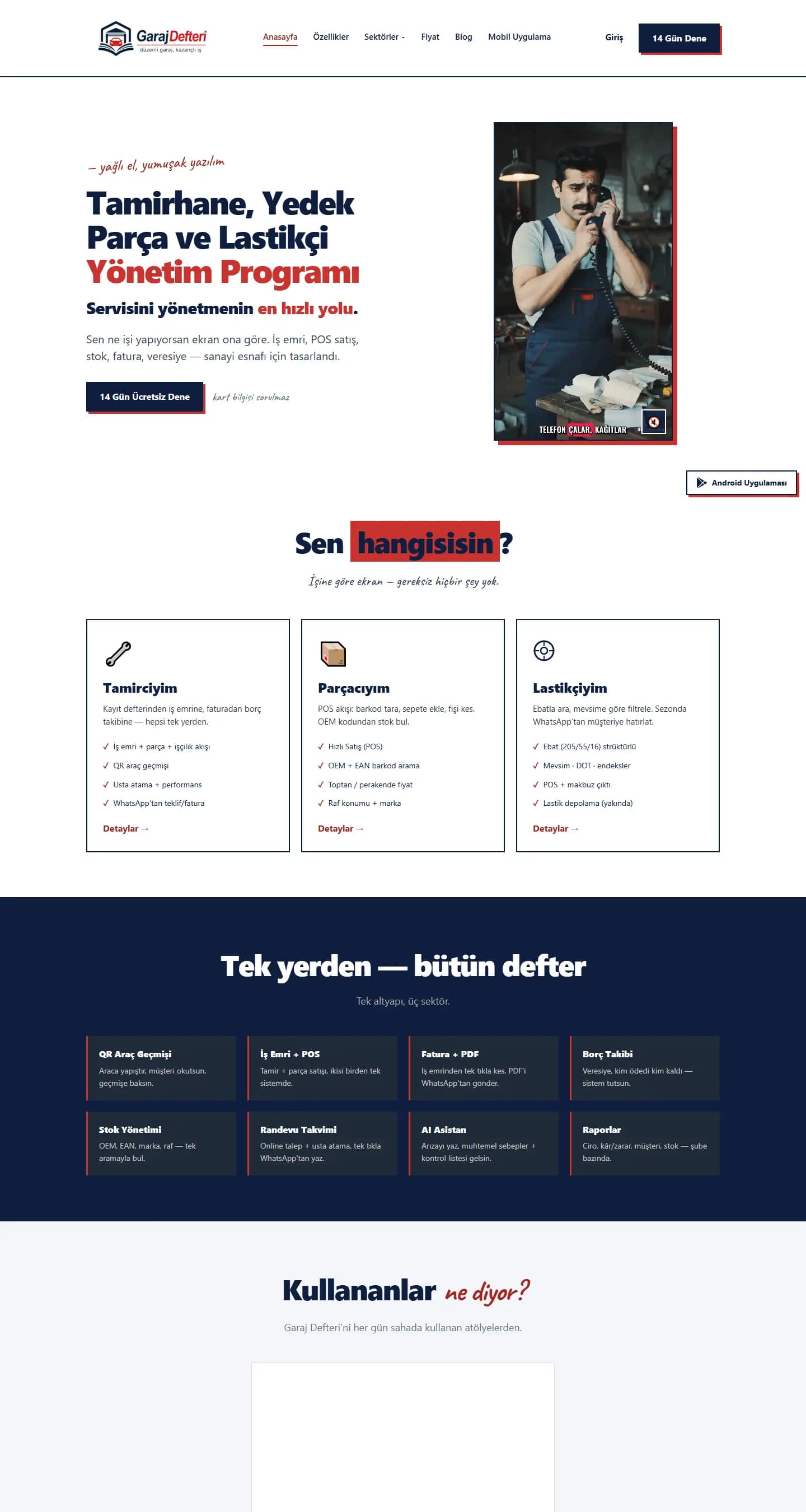 Garaj Defteri – Oto Servis ve Yedek Parça Yönetim Yazılımı web sitesi ekran görüntüsü 1