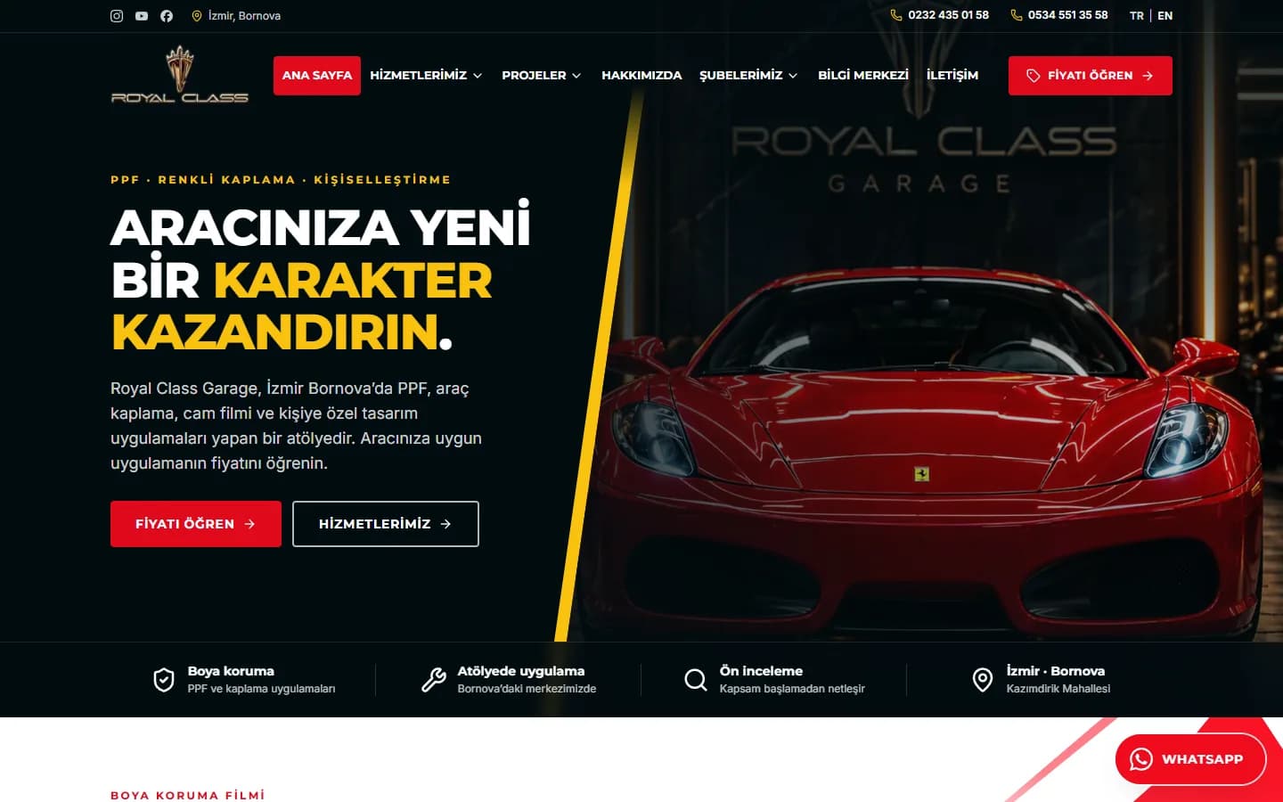 Royal Class Garage web sitesinin ana sayfası
